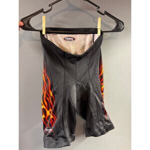 Primal brand cycling shorts featuring a red and yellow flame design size Med